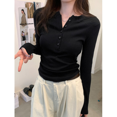 美拉德咖色T恤女打底衫2025春秋冬季捏褶辣妹風chic長袖紐釦上衣 美拉德咖色T恤女打底衫2025春秋冬季捏褶辣妹風chic長袖紐釦上衣