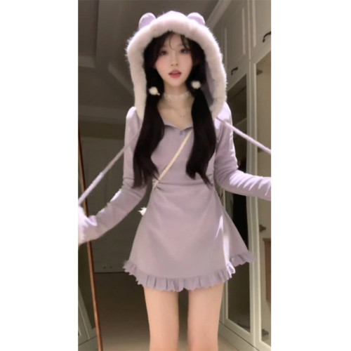 純欲風辣妹氣質紫色連衣裙女裝早秋新款時髦連帽高級甜美公主裙子
