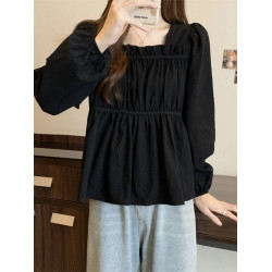 時尚大碼顯瘦小衆設計感別致上衣2025早秋長袖褶皺拼接簡約打底衫