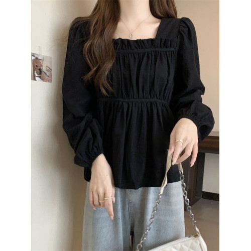 時尚大碼顯瘦小衆設計感別致上衣2025早秋長袖褶皺拼接簡約打底衫