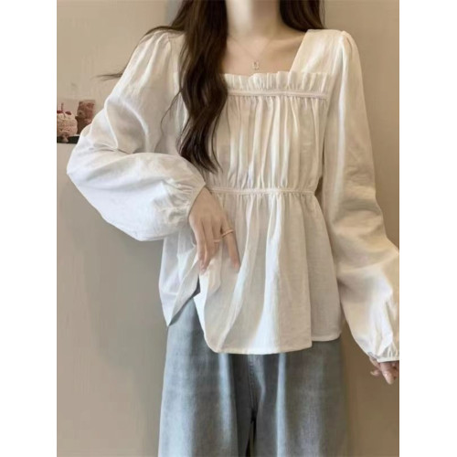 時尚大碼顯瘦小衆設計感別致上衣2025早秋長袖褶皺拼接簡約打底衫