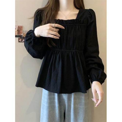 時尚大碼顯瘦小衆設計感別致上衣2025早秋長袖褶皺拼接簡約打底衫