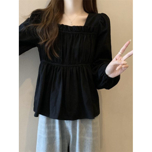 時尚大碼顯瘦小衆設計感別致上衣2025早秋長袖褶皺拼接簡約打底衫