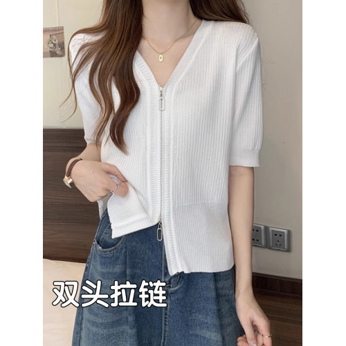 大碼V領冰絲短袖T恤女洋氣百搭拉鍊體恤上衣胖mm遮肚子針織衫春秋