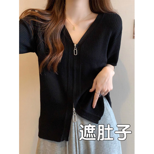 大碼V領冰絲短袖T恤女洋氣百搭拉鍊體恤上衣胖mm遮肚子針織衫春秋