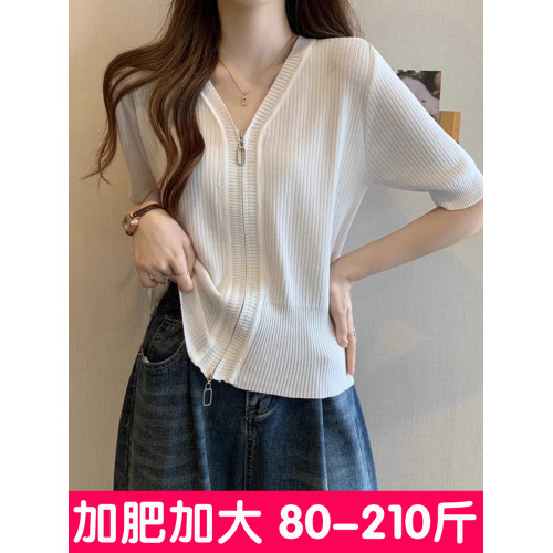 大碼V領冰絲短袖T恤女洋氣百搭拉鍊體恤上衣胖mm遮肚子針織衫春秋