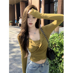 假兩件拼接v領長袖T恤女秋季緊身褶皺打底衫辣妹修身短款內搭上衣