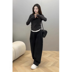 假兩件半拉鍊甜酷設計感早春裝秋冬季撞色辣妹修身捏褶長袖女上衣