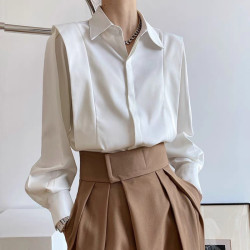 2025春秋法式白色襯衫女設計感小衆高級抗皺長袖氣質別致上衣緞面