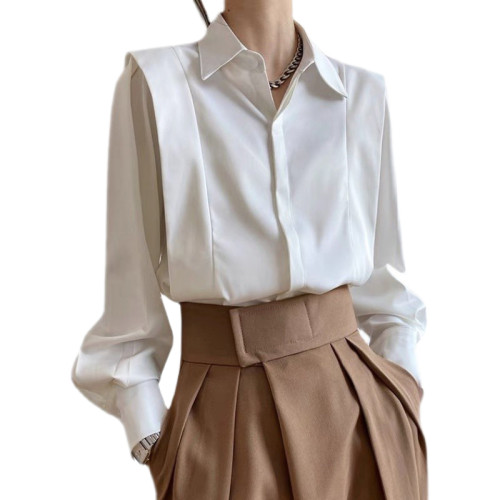 2025春秋法式白色襯衫女設計感小衆高級抗皺長袖氣質別致上衣緞面