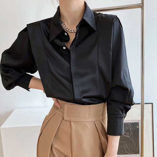 2025春秋法式白色襯衫女設計感小衆高級抗皺長袖氣質別致上衣緞面