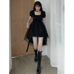 法式黑色高級感禮服裙連衣裙女夏短袖赫本風高腰顯瘦a型公主裙子