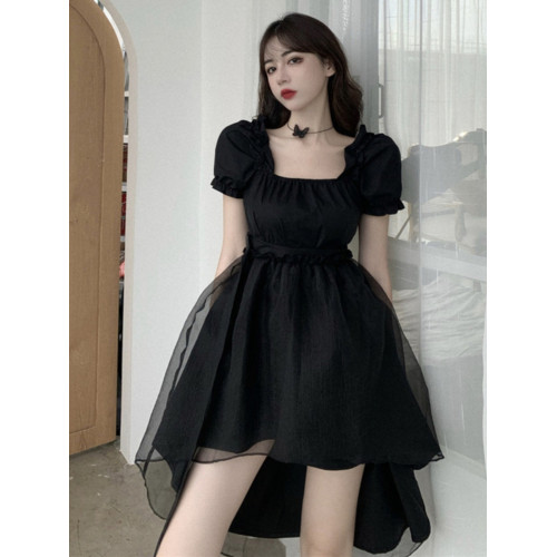 法式黑色高級感禮服裙連衣裙女夏短袖赫本風高腰顯瘦a型公主裙子