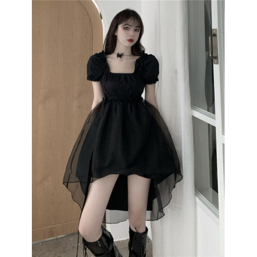 法式黑色高級感禮服裙連衣裙女夏短袖赫本風高腰顯瘦a型公主裙子