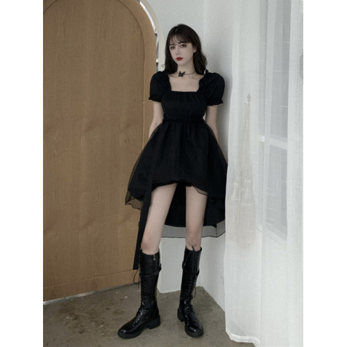 法式黑色高級感禮服裙連衣裙女夏短袖赫本風高腰顯瘦a型公主裙子