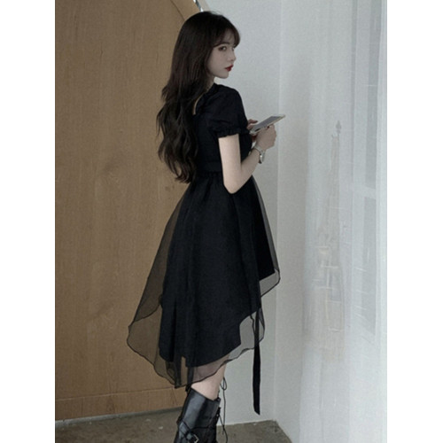 法式黑色高級感禮服裙連衣裙女夏短袖赫本風高腰顯瘦a型公主裙子