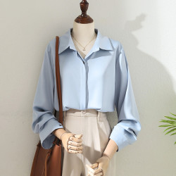 職業通勤垂感百搭藍色雪紡襯衫女2025春秋新款正裝港風長袖OL上衣
