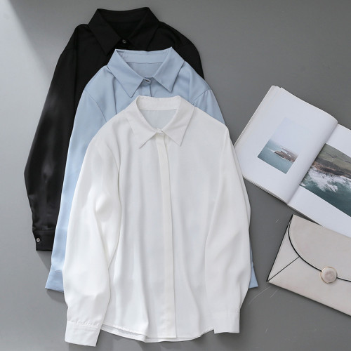 職業通勤垂感百搭藍色雪紡襯衫女2025春秋新款正裝港風長袖OL上衣