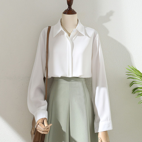 職業通勤垂感百搭藍色雪紡襯衫女2025春秋新款正裝港風長袖OL上衣