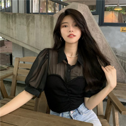 春夏新款大碼胖妹妹法式修身顯瘦拼接假兩件網紗雪紡襯衫短袖上衣