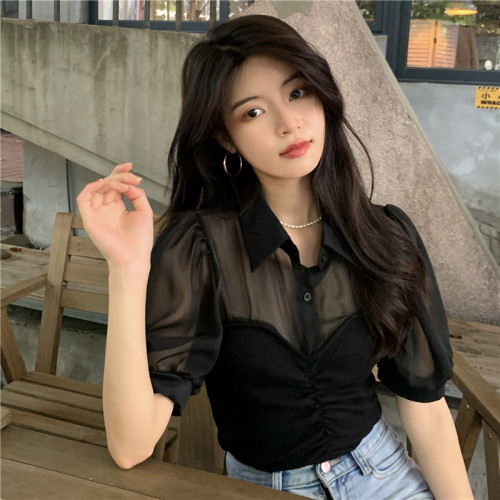 春夏新款大碼胖妹妹法式修身顯瘦拼接假兩件網紗雪紡襯衫短袖上衣