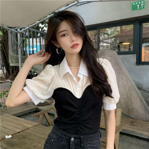 春夏新款大碼胖妹妹法式修身顯瘦拼接假兩件網紗雪紡襯衫短袖上衣
