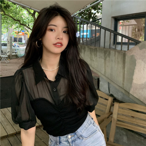 春夏新款大碼胖妹妹法式修身顯瘦拼接假兩件網紗雪紡襯衫短袖上衣