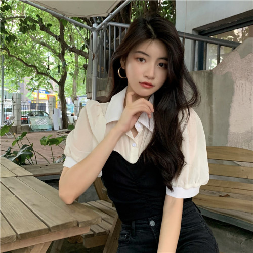 春夏新款大碼胖妹妹法式修身顯瘦拼接假兩件網紗雪紡襯衫短袖上衣