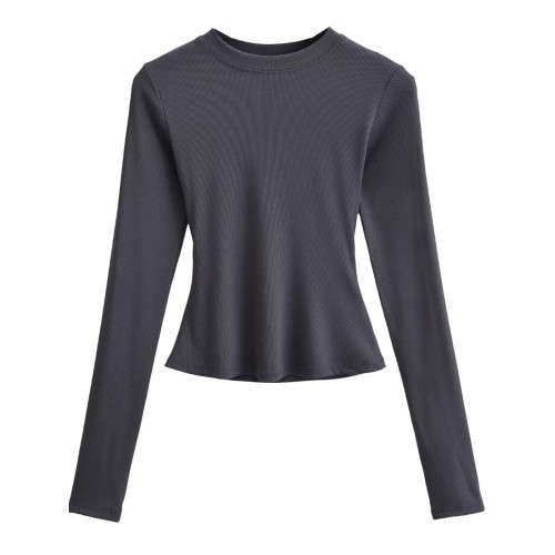 網紅簡約基礎款小圓領百搭長袖打底T恤辣妹修身顯瘦短款美式上衣