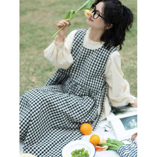 那圖蘭森系曡穿背心裙長裙大擺裙格子純棉罩裙522系帶A字連衣裙 那圖蘭森系曡穿背心裙長裙大擺裙格子純棉罩裙522系帶A字連衣裙