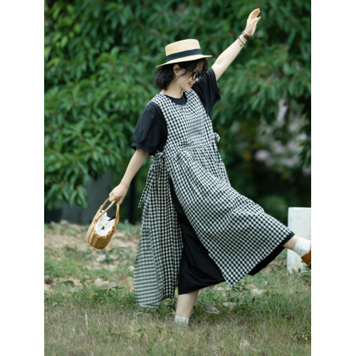那圖蘭森系曡穿背心裙長裙大擺裙格子純棉罩裙522系帶A字連衣裙 那圖蘭森系曡穿背心裙長裙大擺裙格子純棉罩裙522系帶A字連衣裙