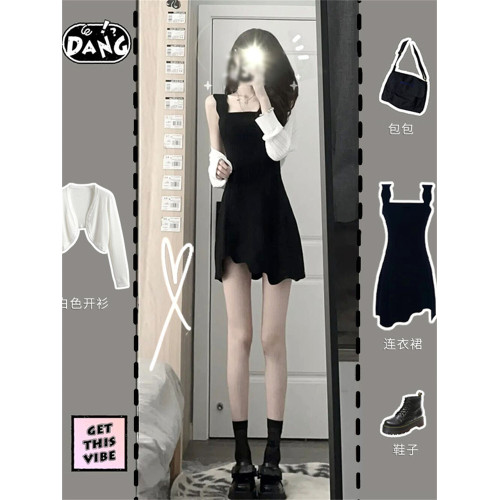 2025新款法式高級感赫本風小個子短裙黑色吊帶連衣裙兩件套裝女夏