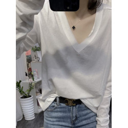 歐貨2025新款春秋季V領薄款白色t恤長袖打底小衫女裝純色寬松上衣