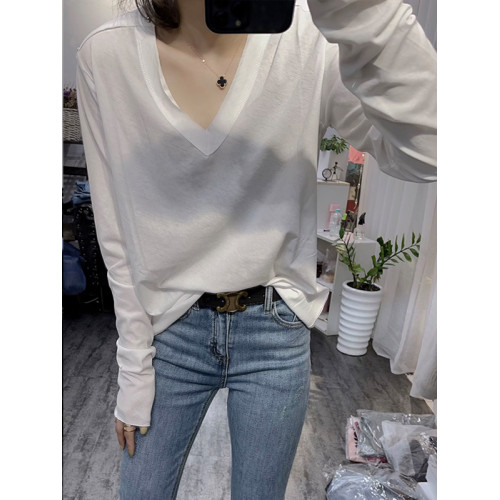 歐貨2025新款春秋季V領薄款白色t恤長袖打底小衫女裝純色寬松上衣