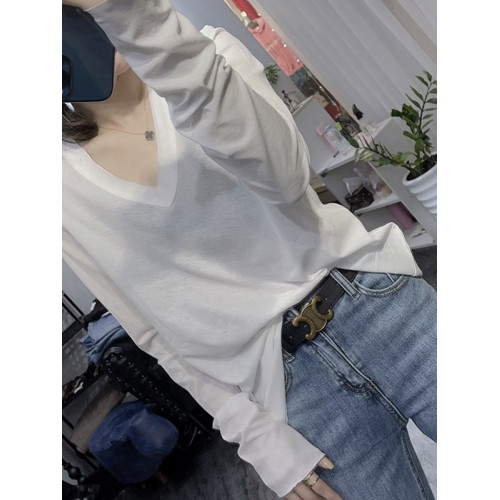 歐貨2025新款春秋季V領薄款白色t恤長袖打底小衫女裝純色寬松上衣