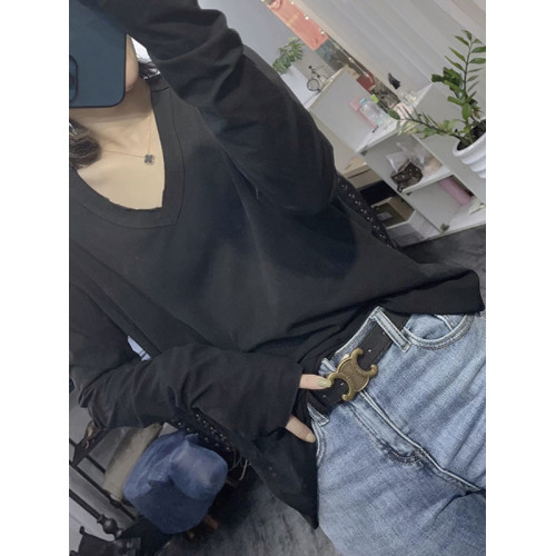 歐貨2025新款春秋季V領薄款白色t恤長袖打底小衫女裝純色寬松上衣