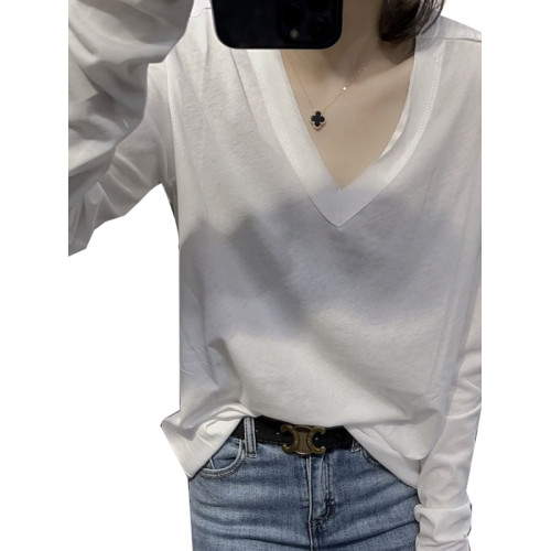 歐貨2025新款春秋季V領薄款白色t恤長袖打底小衫女裝純色寬松上衣