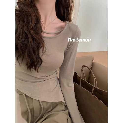 甜辣風卡其色不規則內搭打底衫女春秋季修身緊身正肩長袖T恤上衣 甜辣風卡其色不規則內搭打底衫女春秋季修身緊身正肩長袖T恤上衣