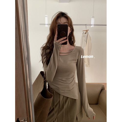 甜辣風卡其色不規則內搭打底衫女春秋季修身緊身正肩長袖T恤上衣 甜辣風卡其色不規則內搭打底衫女春秋季修身緊身正肩長袖T恤上衣