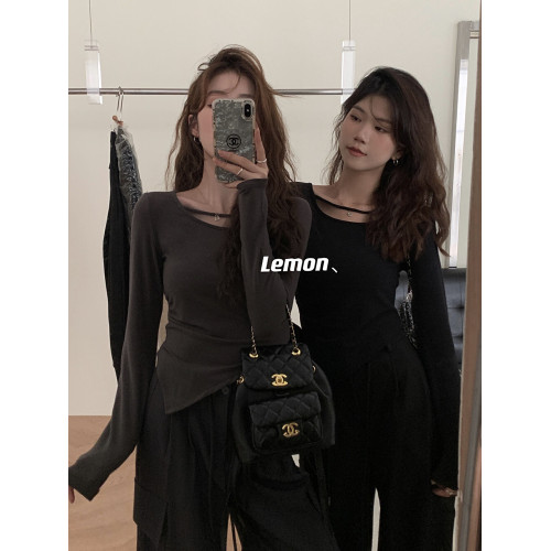 甜辣風卡其色不規則內搭打底衫女春秋季修身緊身正肩長袖T恤上衣 甜辣風卡其色不規則內搭打底衫女春秋季修身緊身正肩長袖T恤上衣