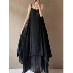 法式設計感雙層大擺吊帶裙女夏季高級感不規則下擺飄逸無袖連衣裙