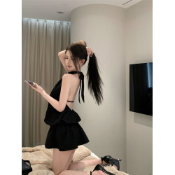 蝴蝶結鏤空美背掛脖連衣裙女夏季性感純欲白色氣質收腰a字短裙子