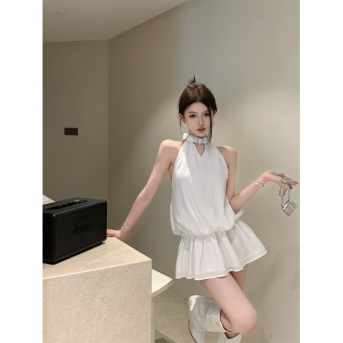 蝴蝶結鏤空美背掛脖連衣裙女夏季性感純欲白色氣質收腰a字短裙子