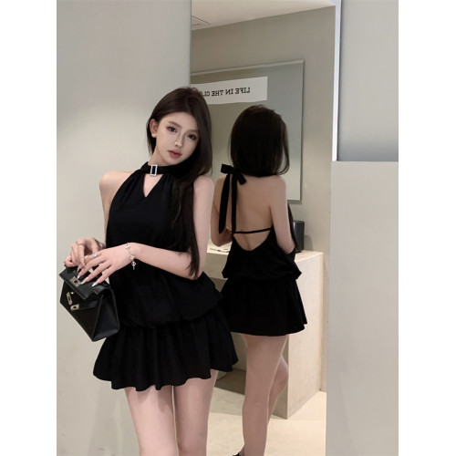 蝴蝶結鏤空美背掛脖連衣裙女夏季性感純欲白色氣質收腰a字短裙子