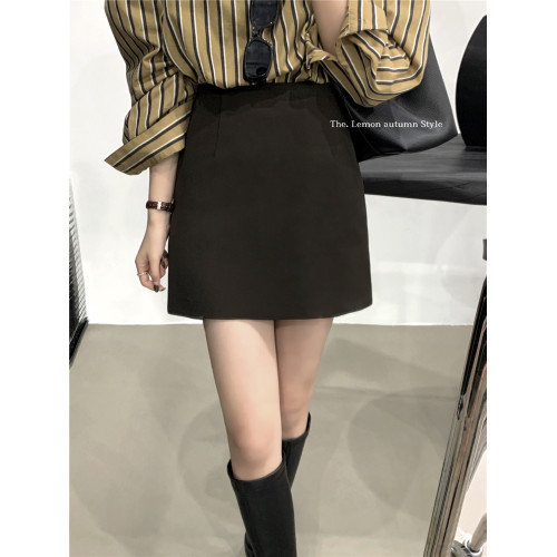 THE LEMON淺咖色高腰a字半身裙顯瘦2025秋季純色小個子西裝短裙