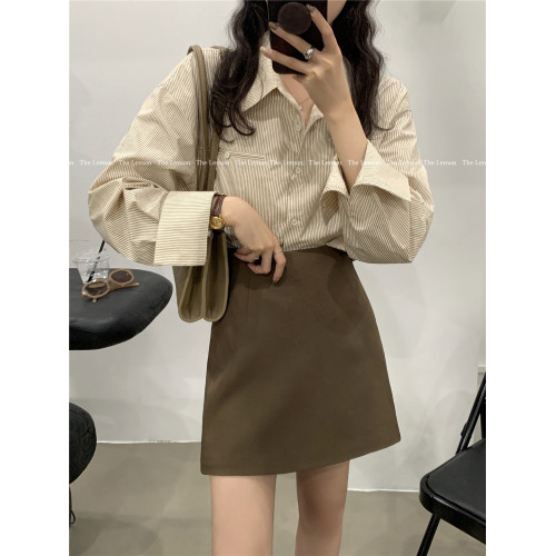 THE LEMON淺咖色高腰a字半身裙顯瘦2025秋季純色小個子西裝短裙