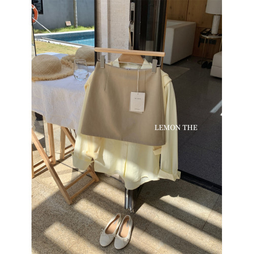 THE LEMON淺咖色高腰a字半身裙顯瘦2025秋季純色小個子西裝短裙