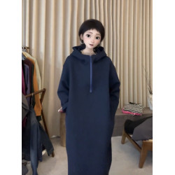 歐貨大版連帽半開領長袖連衣裙女2025春秋新款寬松直筒遮肉衛衣裙