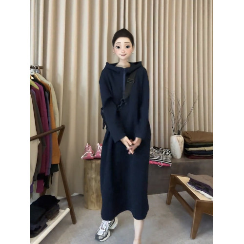 歐貨大版連帽半開領長袖連衣裙女2025春秋新款寬松直筒遮肉衛衣裙
