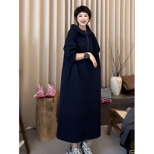 歐貨大版連帽半開領長袖連衣裙女2025春秋新款寬松直筒遮肉衛衣裙